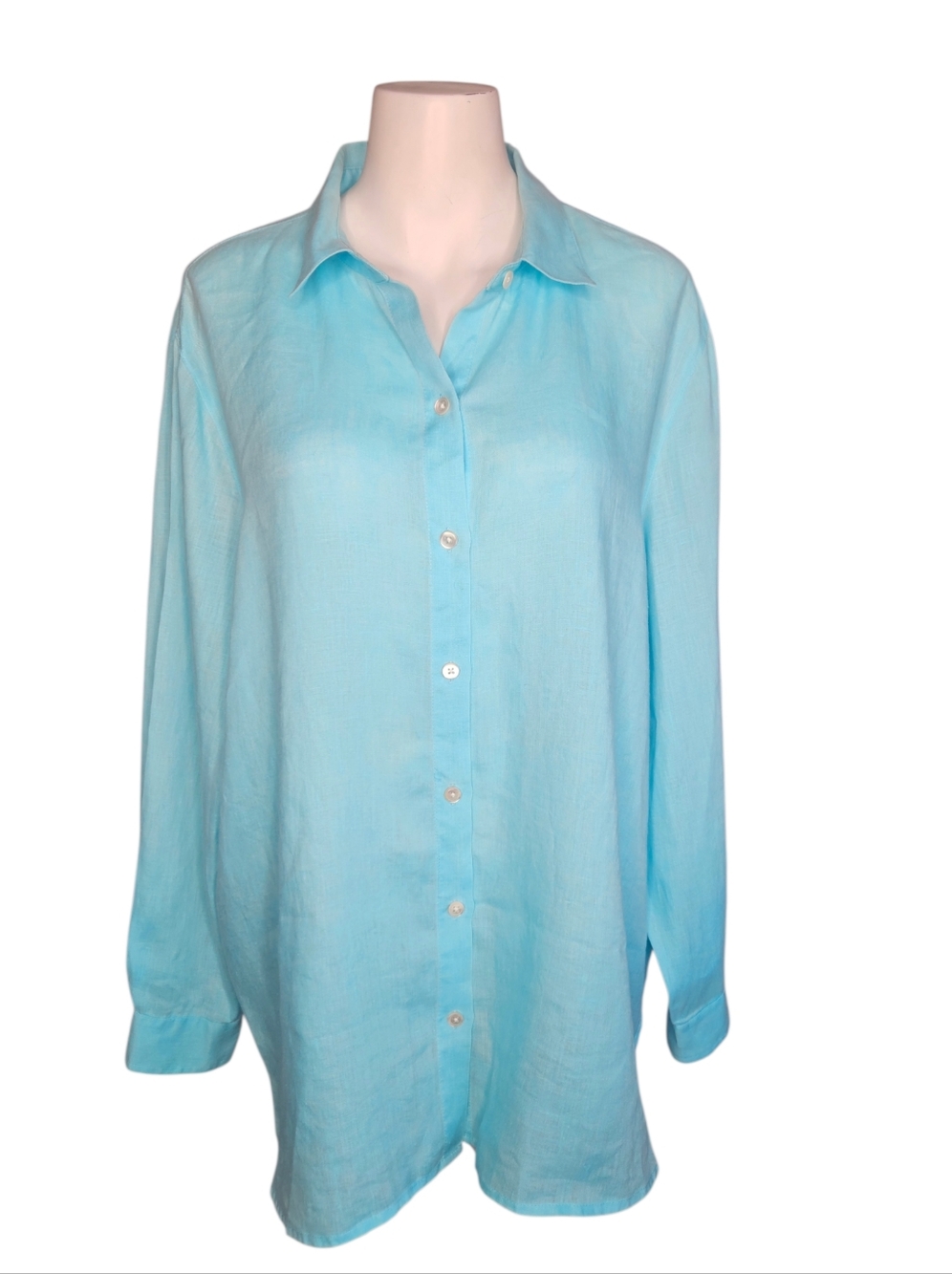 J. Jill 100% Linen Button-Front Shirt Sz Lg Blue Beach Coastal Preppy Lagenlook